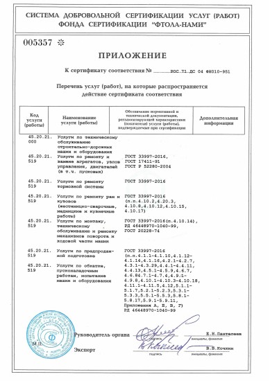 Приложение 005357 к сертификату ФН010-951 — ремонт спецтехники
