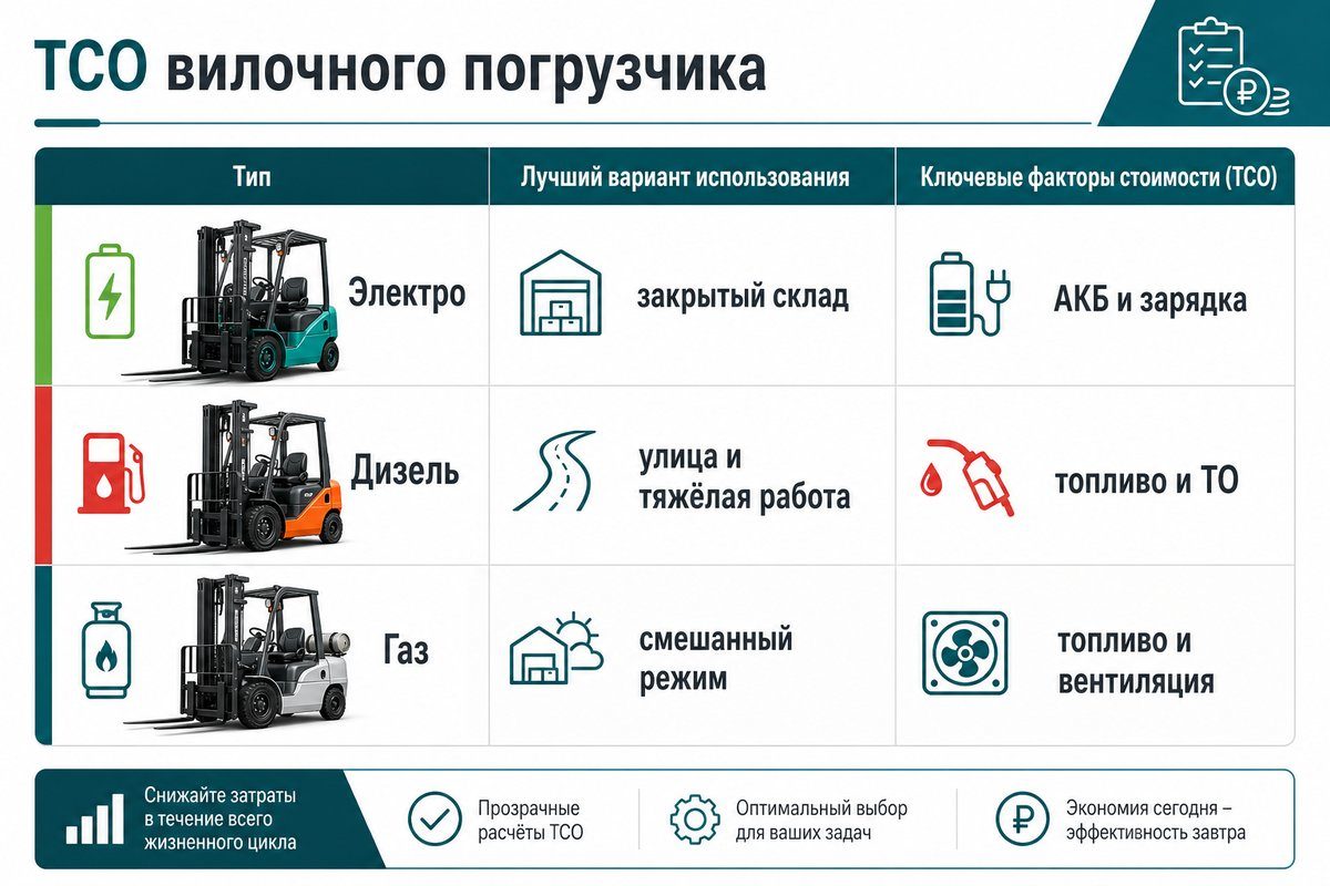 Матрица TCO электрического, дизельного и газового погрузчика